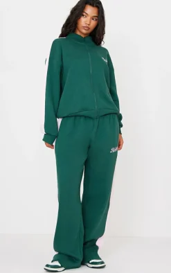 New PrettyLittleThing Embroidered Athletics Contrast Panel Wide Leg Sweatpants Dark Green