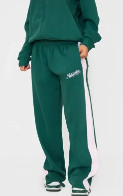 New PrettyLittleThing Embroidered Athletics Contrast Panel Wide Leg Sweatpants Dark Green