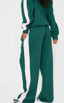 New PrettyLittleThing Embroidered Athletics Contrast Panel Wide Leg Sweatpants Dark Green
