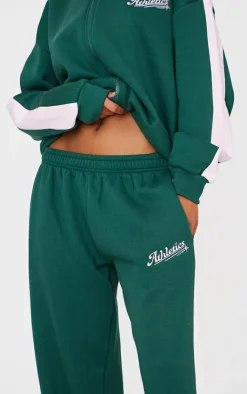 New PrettyLittleThing Embroidered Athletics Contrast Panel Wide Leg Sweatpants Dark Green