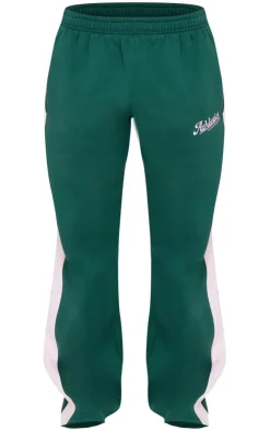 New PrettyLittleThing Embroidered Athletics Contrast Panel Wide Leg Sweatpants Dark Green