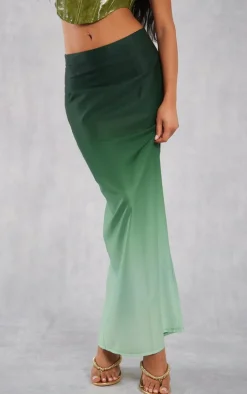 Dark Green Ombre Print Satin Mid Rise Maxi Skirt
