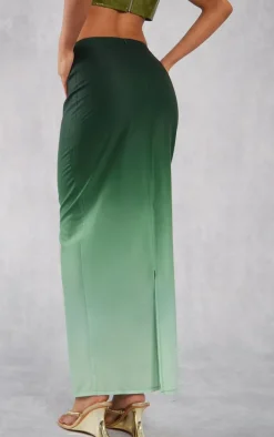 Dark Green Ombre Print Satin Mid Rise Maxi Skirt