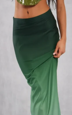 Dark Green Ombre Print Satin Mid Rise Maxi Skirt