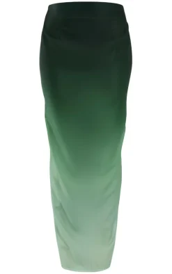 Dark Green Ombre Print Satin Mid Rise Maxi Skirt