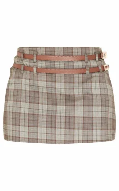 Dark Green Plaid Printed Double Belt Tailored Mini Skirt