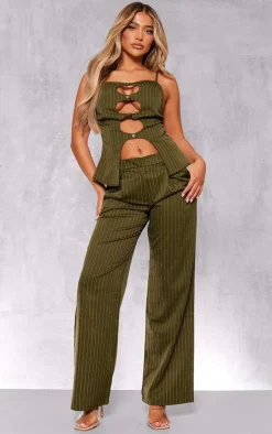 Best PrettyLittleThing Tailored Pinstripe Wide Leg Pants Dark Green