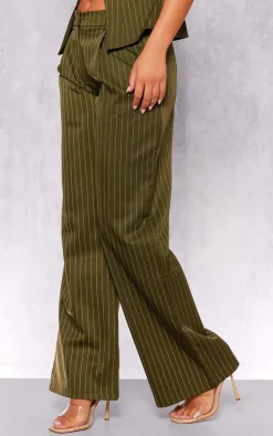 Best PrettyLittleThing Tailored Pinstripe Wide Leg Pants Dark Green