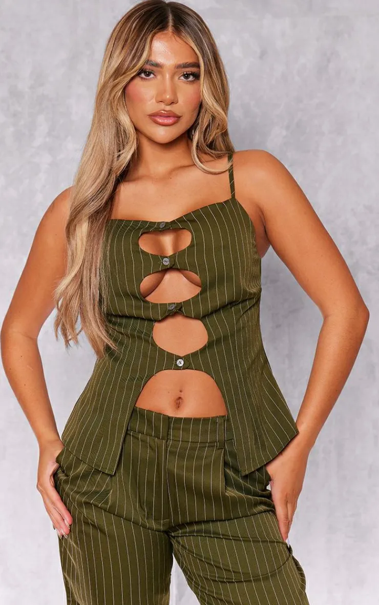 Best PrettyLittleThing Tailored Pinstripe Cut Out Button Detail Cami Top Dark Green