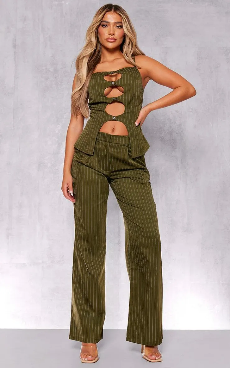 Best PrettyLittleThing Tailored Pinstripe Cut Out Button Detail Cami Top Dark Green