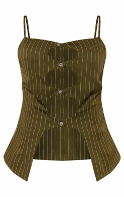 Best PrettyLittleThing Tailored Pinstripe Cut Out Button Detail Cami Top Dark Green