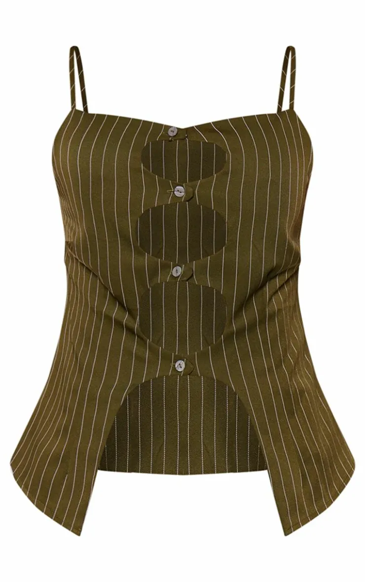 Best PrettyLittleThing Tailored Pinstripe Cut Out Button Detail Cami Top Dark Green