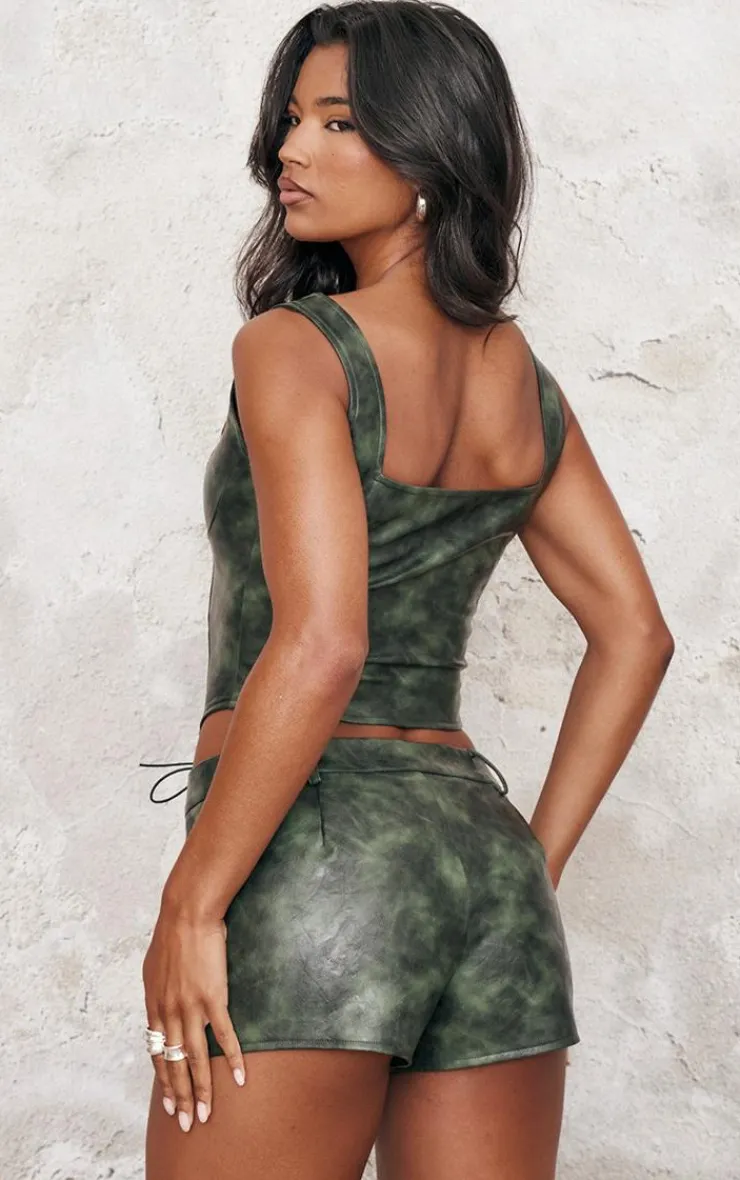Sale PrettyLittleThing Washed Faux Leather Lace Up Corset Dark Green