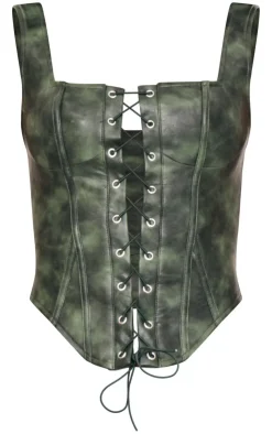 Sale PrettyLittleThing Washed Faux Leather Lace Up Corset Dark Green