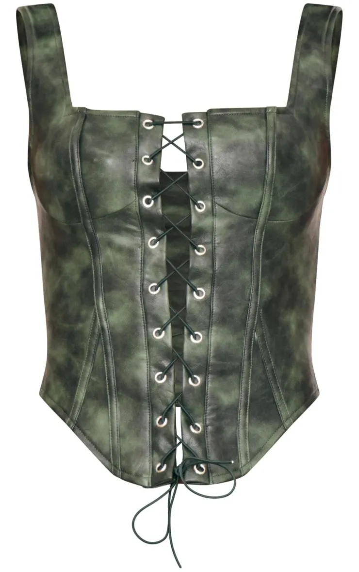 Sale PrettyLittleThing Washed Faux Leather Lace Up Corset Dark Green