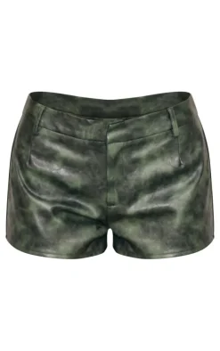 PrettyLittleThing Washed Faux Leather Hot Pants Dark Green