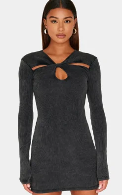 Acid Wash Cut Out Long Sleeve Bodycon Dress-PrettyLittleThing