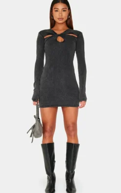 Acid Wash Cut Out Long Sleeve Bodycon Dress-PrettyLittleThing
