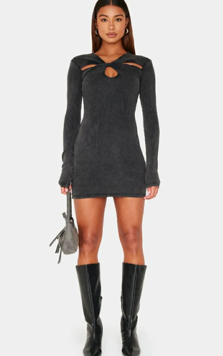 Acid Wash Cut Out Long Sleeve Bodycon Dress-PrettyLittleThing