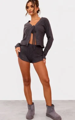 Online PrettyLittleThing Brushed Rib Hotpants Dark Grey