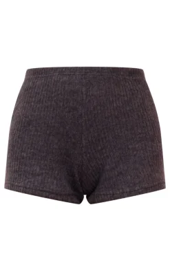 Online PrettyLittleThing Brushed Rib Hotpants Dark Grey