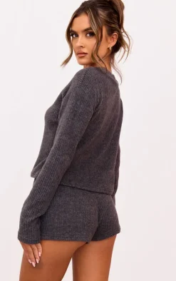 Sale PrettyLittleThing Brushed Rib Tie Front Top Dark Grey