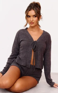 Sale PrettyLittleThing Brushed Rib Tie Front Top Dark Grey