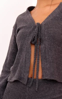 Sale PrettyLittleThing Brushed Rib Tie Front Top Dark Grey