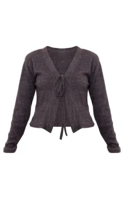 Sale PrettyLittleThing Brushed Rib Tie Front Top Dark Grey