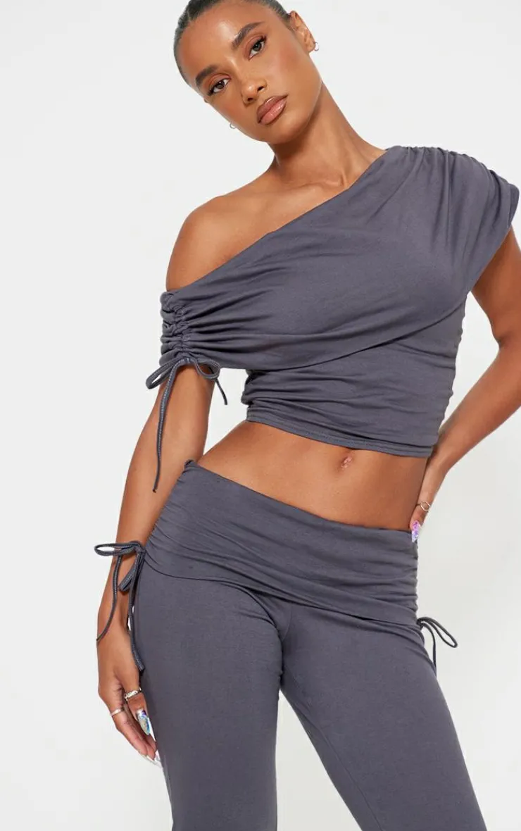 Online PrettyLittleThing Foldover Flared Leggings Dark Grey