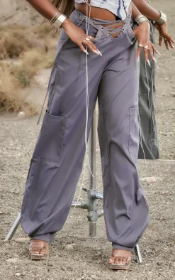 Dark Grey Lace Up Detail Straight Leg Cargo Pants