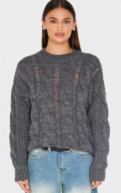 PrettyLittleThing Sweaters*Marl Knit Distressed Detail Chunky Cable Sweater