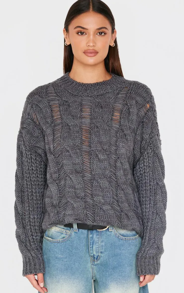 PrettyLittleThing Sweaters*Marl Knit Distressed Detail Chunky Cable Sweater