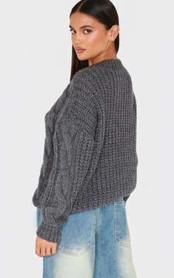 PrettyLittleThing Sweaters*Marl Knit Distressed Detail Chunky Cable Sweater