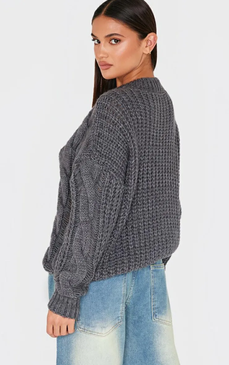 PrettyLittleThing Sweaters*Marl Knit Distressed Detail Chunky Cable Sweater
