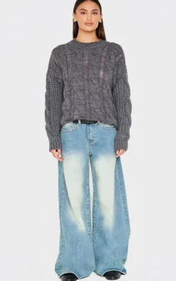 PrettyLittleThing Sweaters*Marl Knit Distressed Detail Chunky Cable Sweater