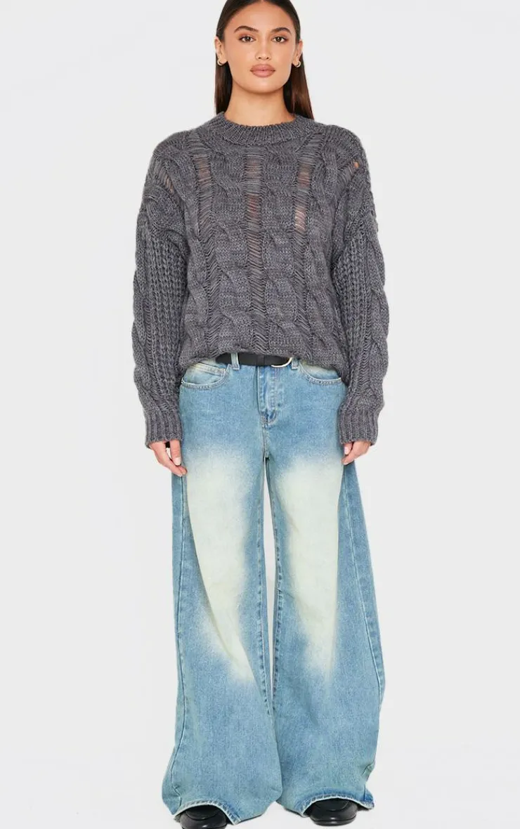PrettyLittleThing Sweaters*Marl Knit Distressed Detail Chunky Cable Sweater