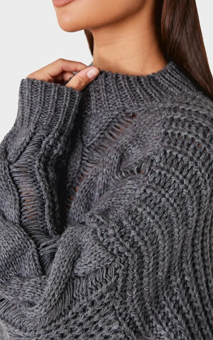 PrettyLittleThing Sweaters*Marl Knit Distressed Detail Chunky Cable Sweater