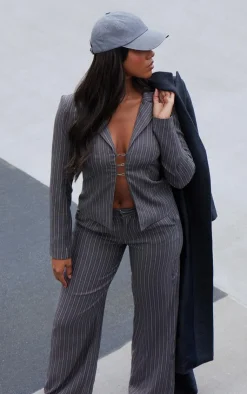Sale PrettyLittleThing Open Front Pinstripe Fitted Shirt Dark Grey