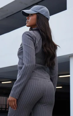 Sale PrettyLittleThing Open Front Pinstripe Fitted Shirt Dark Grey