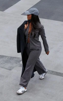 Sale PrettyLittleThing Open Front Pinstripe Fitted Shirt Dark Grey