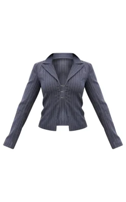 Sale PrettyLittleThing Open Front Pinstripe Fitted Shirt Dark Grey