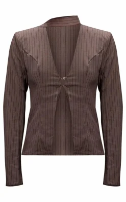 Clearance PrettyLittleThing Pinstripe Neck Tie Fitted Blazer Dark Grey
