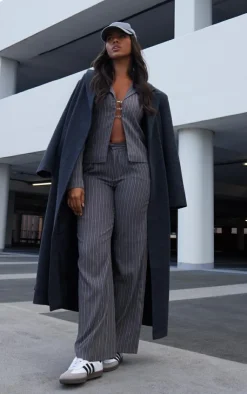 Outlet PrettyLittleThing Pinstripe Tailored Wide Leg Pants Dark Grey