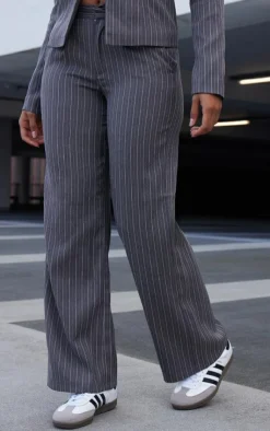 Outlet PrettyLittleThing Pinstripe Tailored Wide Leg Pants Dark Grey