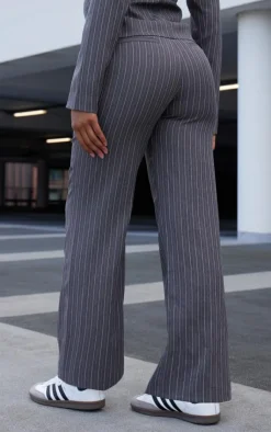 Outlet PrettyLittleThing Pinstripe Tailored Wide Leg Pants Dark Grey