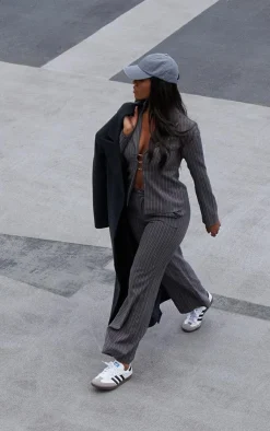 Outlet PrettyLittleThing Pinstripe Tailored Wide Leg Pants Dark Grey