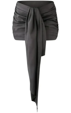 Discount PrettyLittleThing Ruched Drape Front Detail Mini Skirt Dark Grey