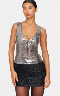 Sequin Toggle Detail Long Top-PrettyLittleThing Online