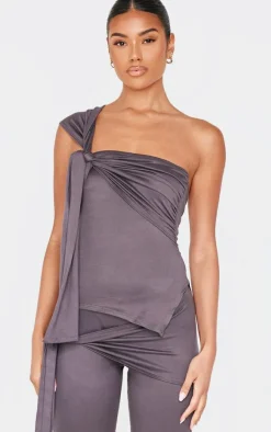 Hot PrettyLittleThing Soft Touch Tie Detail One Shoulder Top Dark Grey